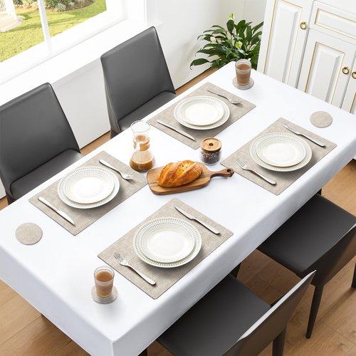 MOSAYT Faux Leather Placemats Set of 6, Heat Resistant Wipeable Washable Vinyl Place Mats with Coasters, Waterproof Oil Proof Table Mats for Kitchen Dining Party Indoor Outdoor, 12" x 17", Beige