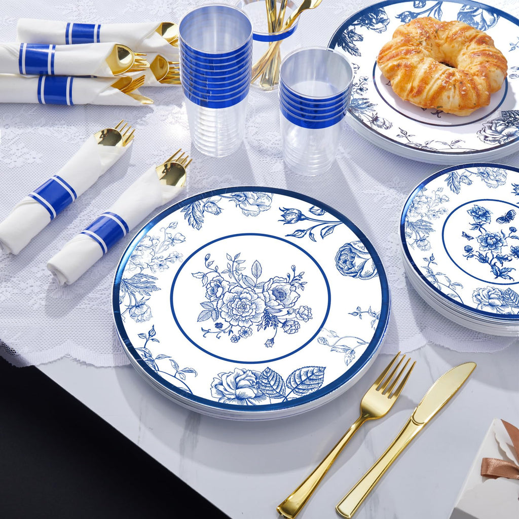 Suttmin 350 Pcs Plastic Dinnerware Set for 50 Guests Include 50 Dinner Plates, 50 Dessert Plates, 50 Pre Rolled Napkins with Gold Silverware, 50 Cups for Party(Blue and White Porcelain)