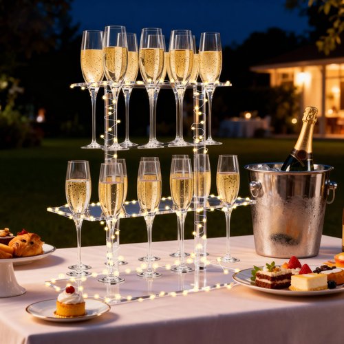 HeiMma Champagne Display Holder Stand for Party, With 18 Slots, 2 Tier Clear Acrylic Wine Glass Stemware Rack Champagne Flute Holder with Led Light, Measures 16.5" x 15.7" x 11.8"