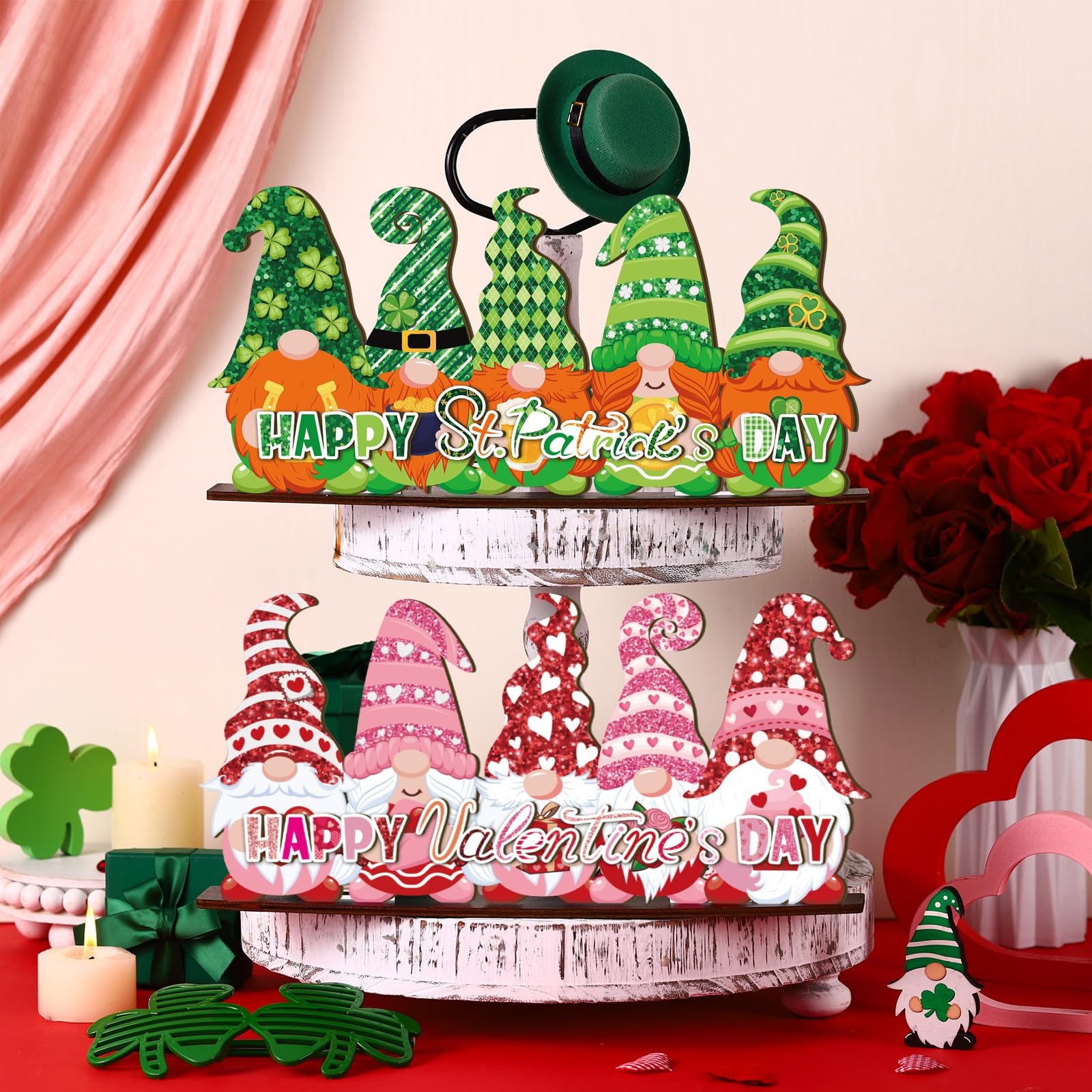 Valentine's Day and St. Patrick's Day Reversible Gnome Wood Signs Double Sided Valentines St. Patrick's Theme Wooden Standing Blocks Decoration Gnome Table Centerpiece for Home(Classic)