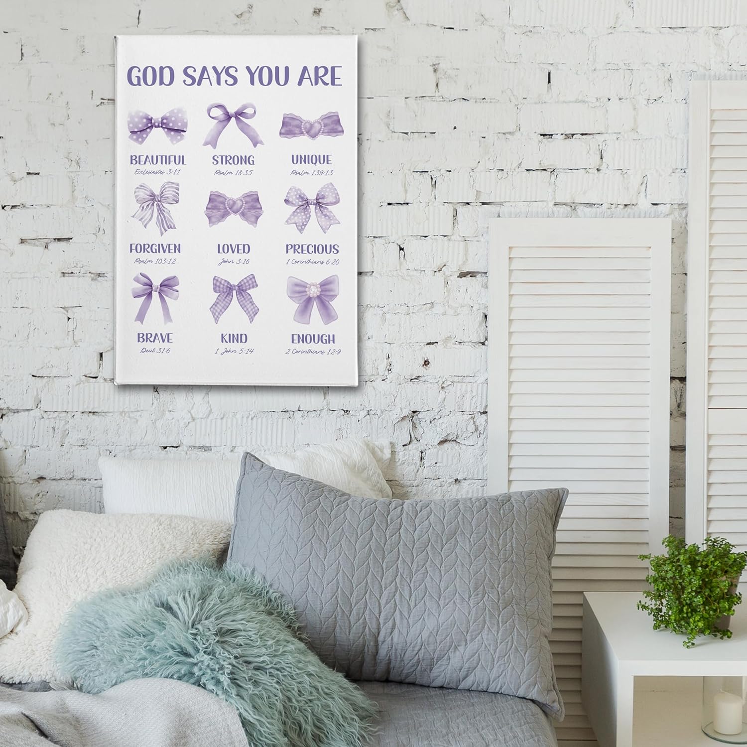 PHAMTE Christian Purple Bow Wall Art - Inspirational Bible Verse Canvas 16x24 for Girly Room Decor