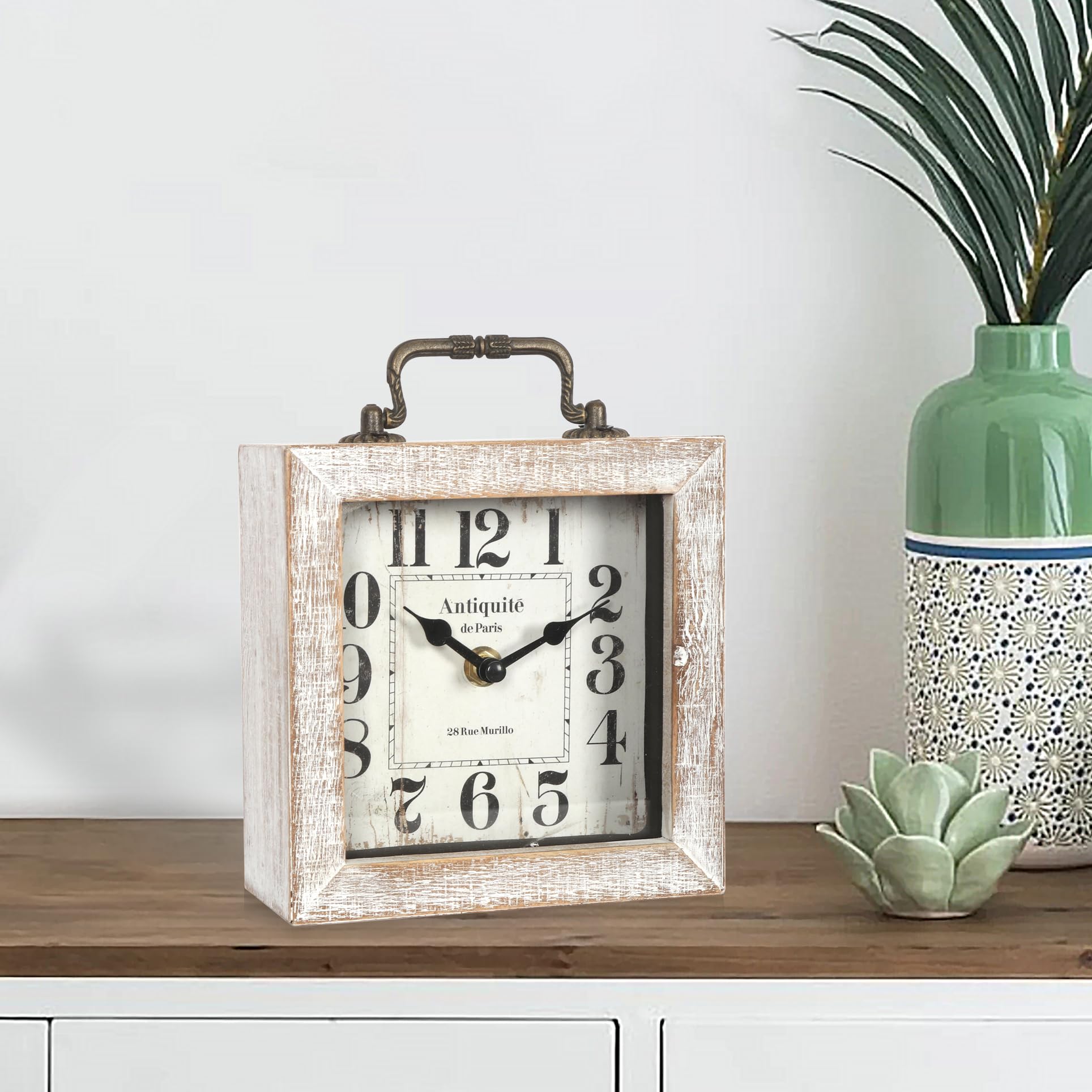 BITALYE Retro Desk Clock, White Vintage Wooden Table Clock,
