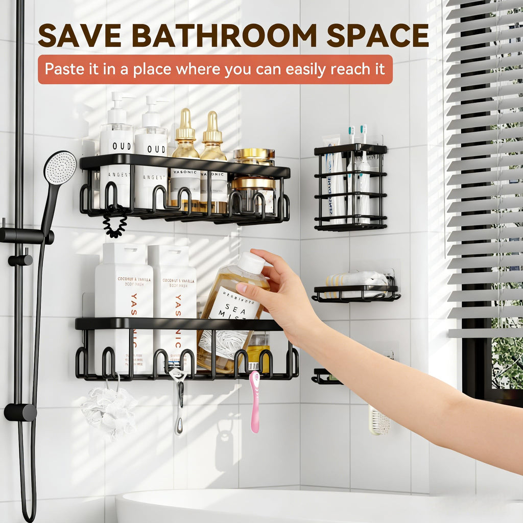 YASONIC Adhesive Shower Caddy, 5 Pack Black Shower Shelves for Inside Shower, Rustproof Shower Organizer with Soap and Toothbrush Holder, No Drilling Shower Storage for Bathroom/Kitchen