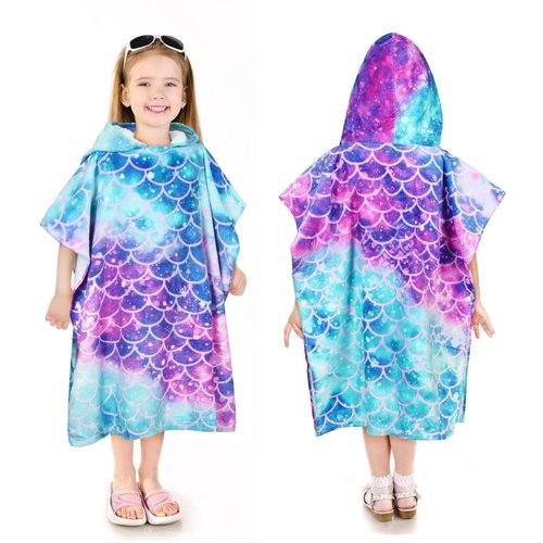 Catalonia Kids Mermaid Hooded Poncho Towel for Toddler Aged 2-6, 100% Cotton, Absorbent Girls Bath Towel, Swim Changing Robe, Sand Proof