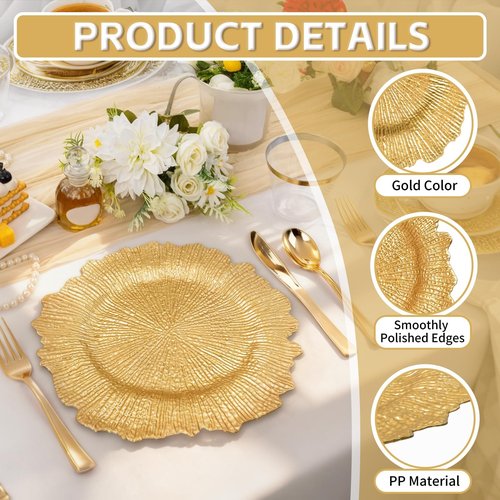 PROY 50 Pcs Gold Charger Plates Bulk, 13" Gold Reef Charger Plates for Wedding, Thanksgiving, Christmas, Plastic Chargers for Dinner Plates