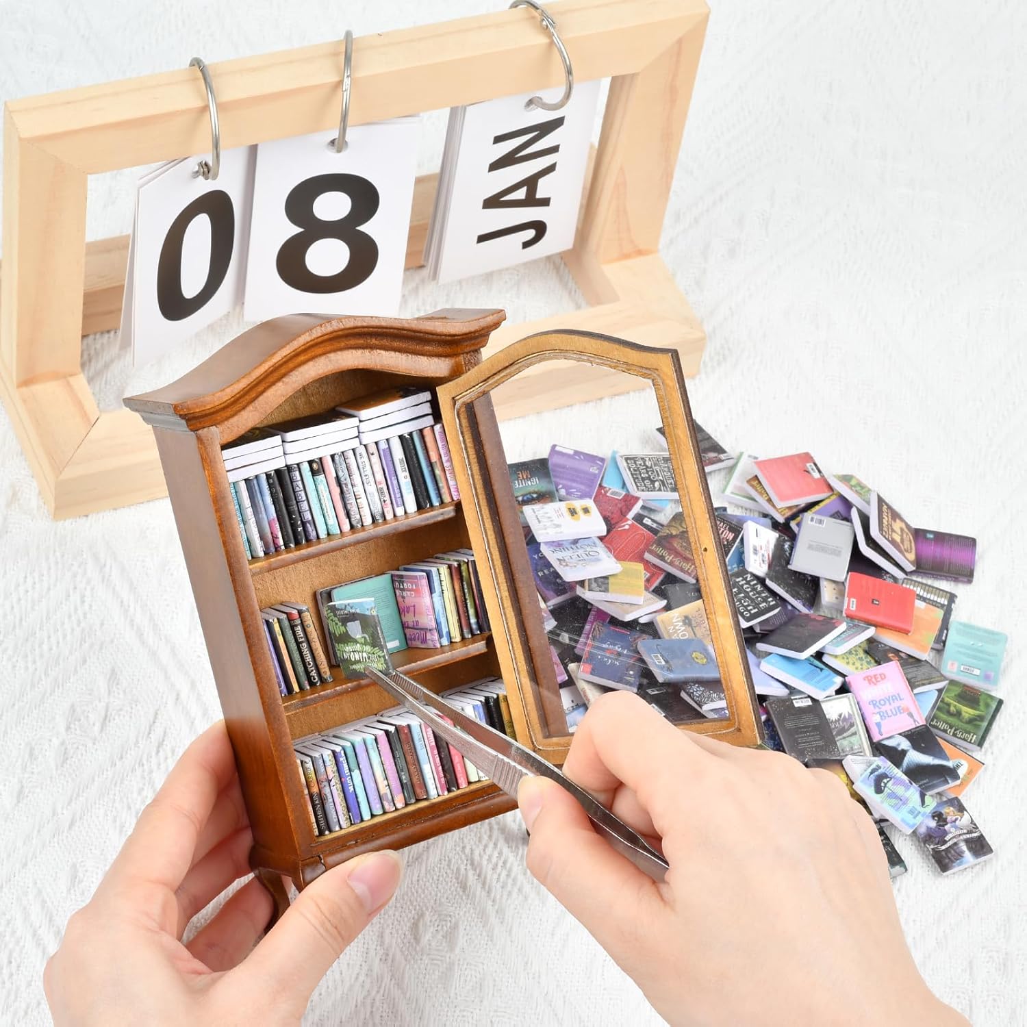 Skiennix Mini Bookshelf - Handcrafted Design with 100+ Unique Miniature Books | Perfect for Book Lovers