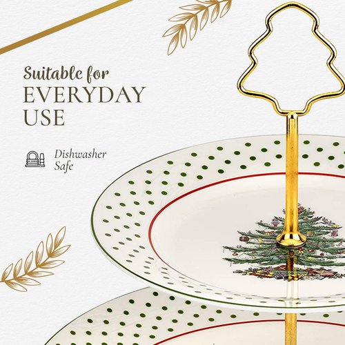 Spode Christmas Tree 2-Tiered Server (8" & 10") - Polka Dot Tiered Tray for Serving Food, Cake, Desserts, Holiday Treats, Festive Tableware with Gold Handle, Durable Stoneware - Dishwasher Safe
