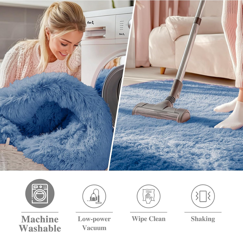 OLANLY Blue Round Area Rug - Soft, Fluffy, Machine Washable 8 ft Circle Carpet for Bedroom & Living Room