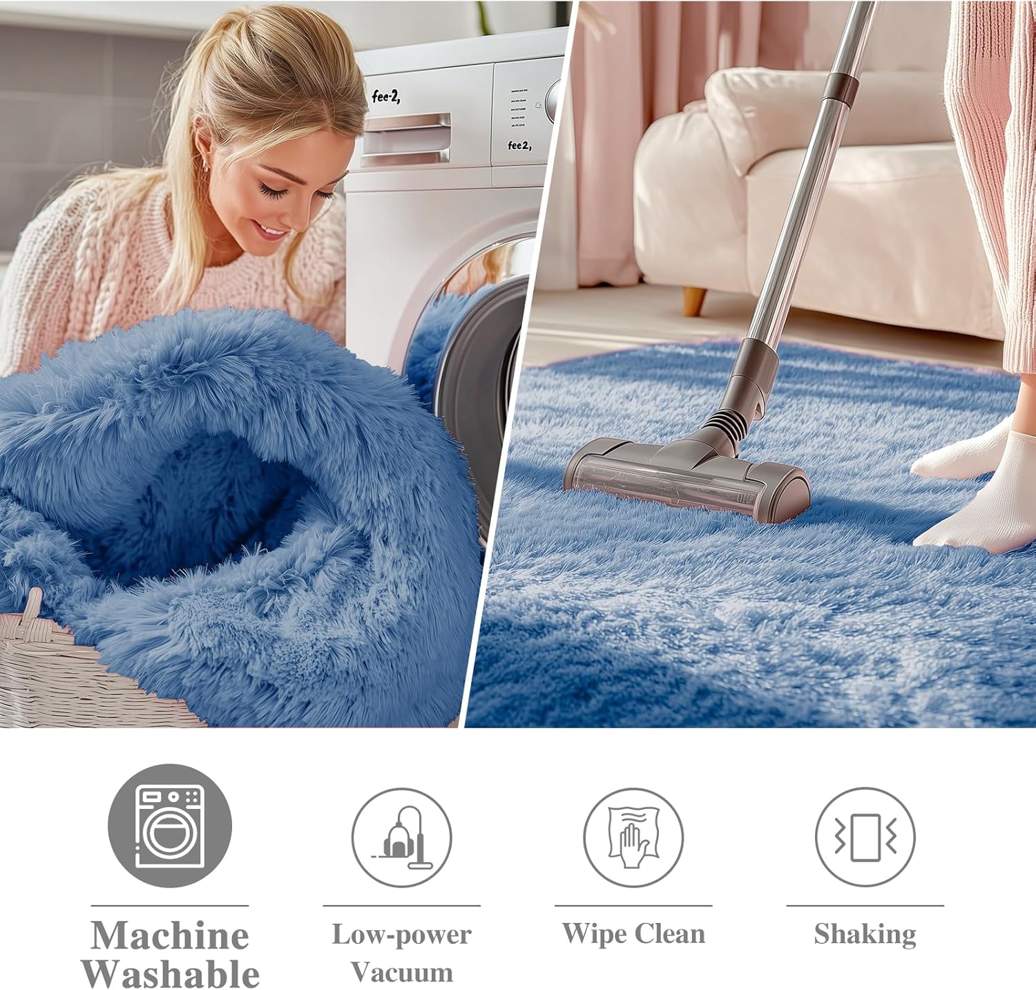 OLANLY Blue Round Area Rug - Soft, Fluffy, Machine Washable 8 ft Circle Carpet for Bedroom & Living Room