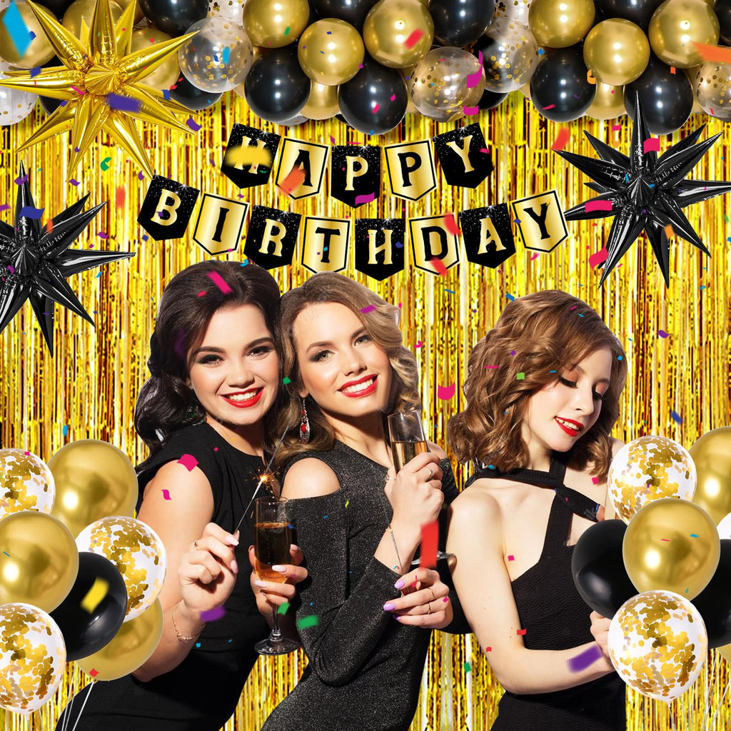 Black and Gold Birthday Decorations for Men Women, Black Gold Party Decorations Kit with Happy Birthday Banner Backdrop Tablecloth Foil Curtains Balloons Arch, Happy Bday Party Supplies for Him