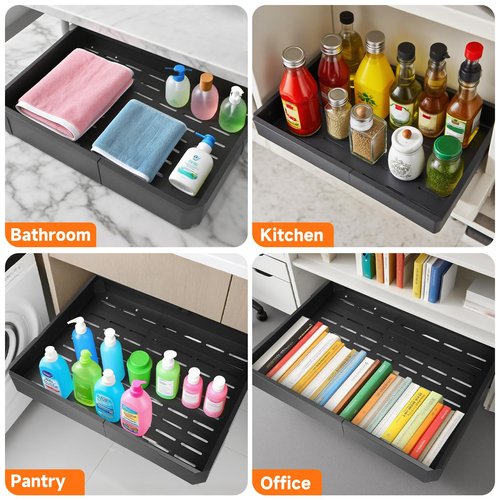 Timboniture 2 Pack Pull out Cabinet Organizer,Adjustable Width (14"-19") and Depth (17"-24"),No Drill Slide out Drawers for Kitchen,Pantry,Adhesive Roll out Shelves,for Cabinets Without Lip