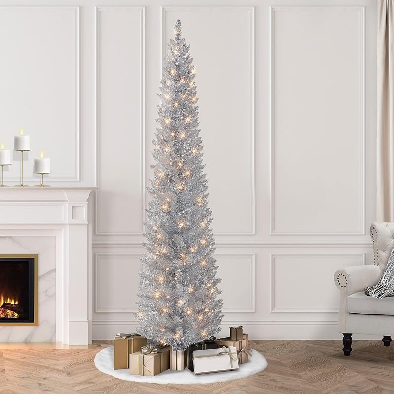 7 ft Pre-Lit Silver Tinsel Artificial Tree with 316 Tips and 150 Clear Lights - Variation: 7' Silver Tinsel 150 Clear Lights