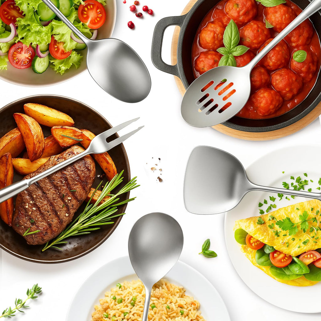 Newness 9 Pcs Cooking Utensils Set, 304 Stainless Steel Kitchen Utensils Set, Metal Kitchen Accessories, Include Soup Ladle, Slotted Skimmer Spoon, Spaghetti Spoon and Spatula, Dishwasher Safe (Short)