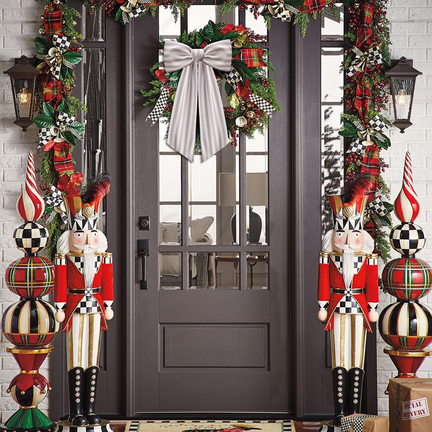 Skiennix Wreath Sash - Stylish Boxwood Garland Decor for Front Door | 2-Pack in Beige and White Stripe