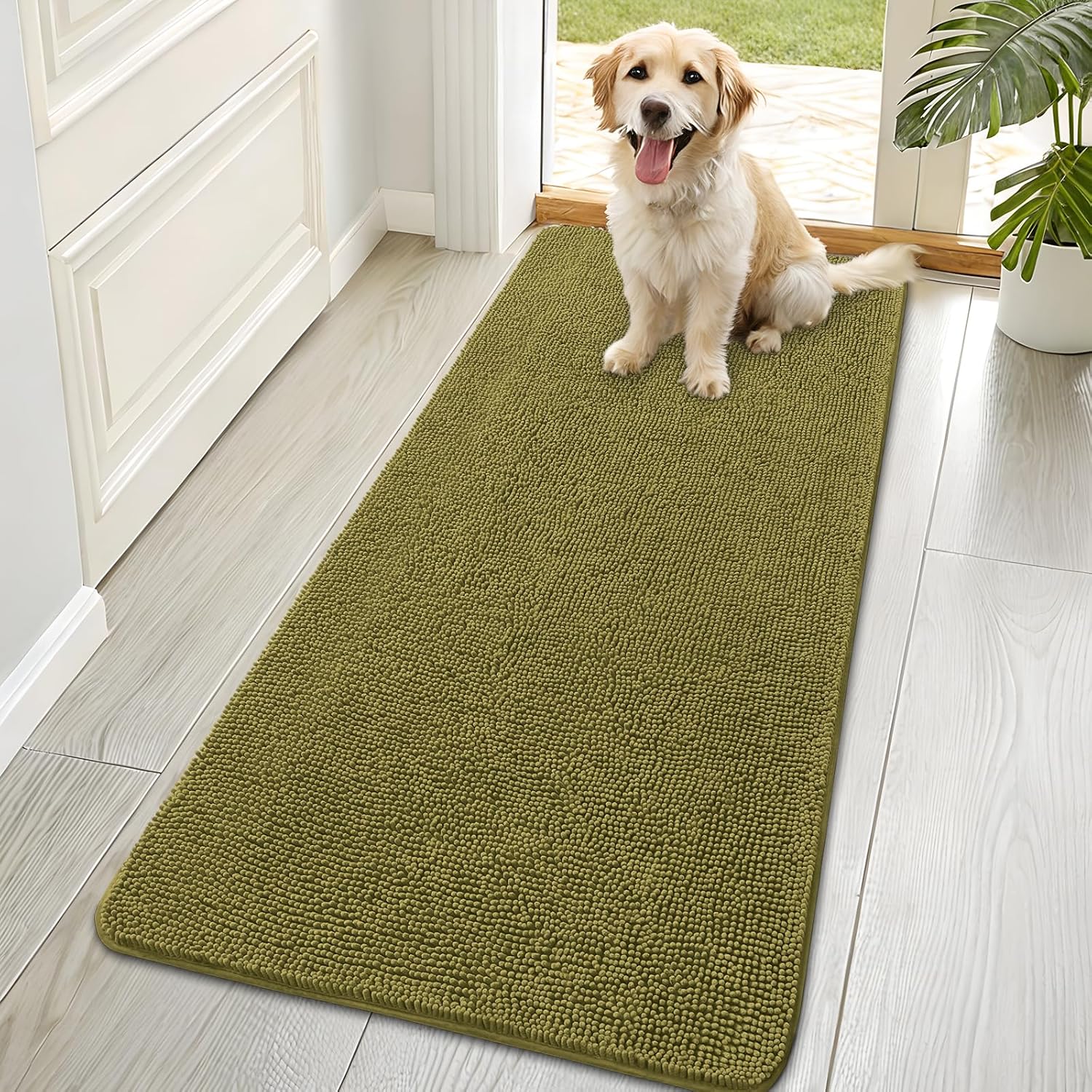 OLANLY Dog Door Mat - Absorbent Non-Slip Washable Doormat for Muddy Paws | 70x35, Willow Green