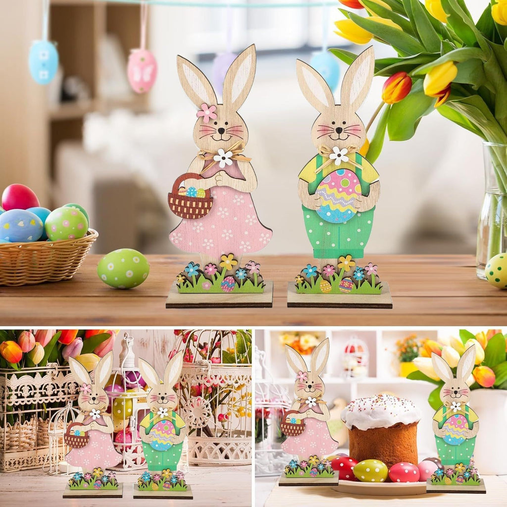 Skiennix Easter Wooden Bunny Tabletop Decorations - Colorful Standing Rabbit Figurines with Egg Basket | Spring Centerpiece
