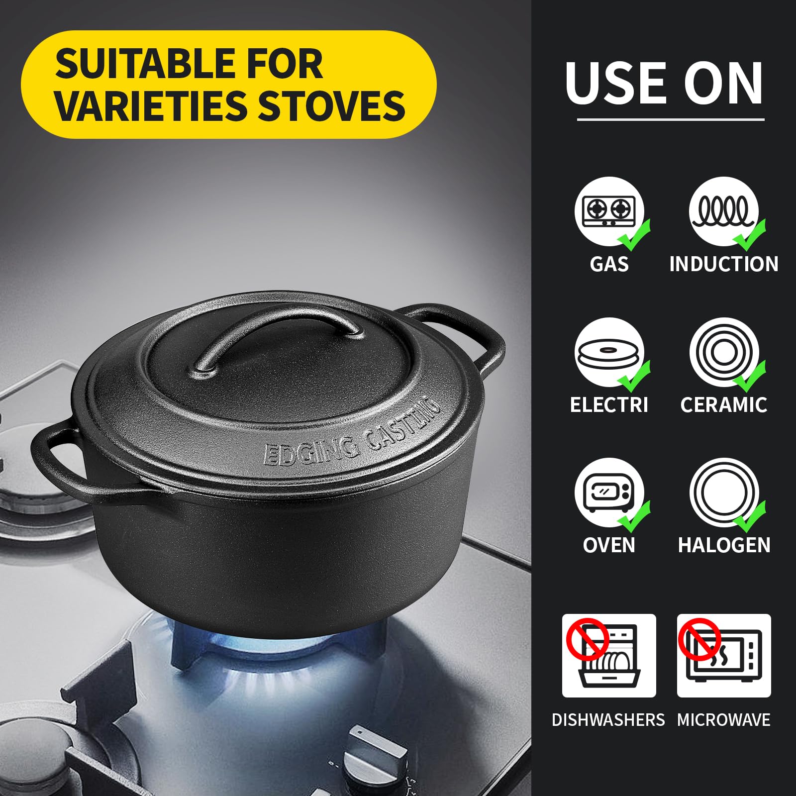 EDGING CASTING Pre-Seasoned Cast Iron Dutch Oven Pot with Lid Dual Handle, Sourdough Bread Baking Pots, Bread Oven, Camping, Grill, Induction, Electric, Round 7 Quart, Black