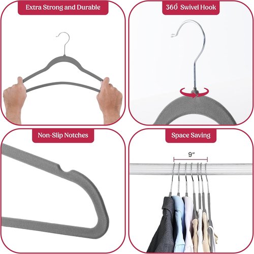 LDC Grey Velvet Hangers 30 Pack - Premium Non-Slip Felt Coat & Pants Hangers - Heavy Duty 360° Swivel Hook