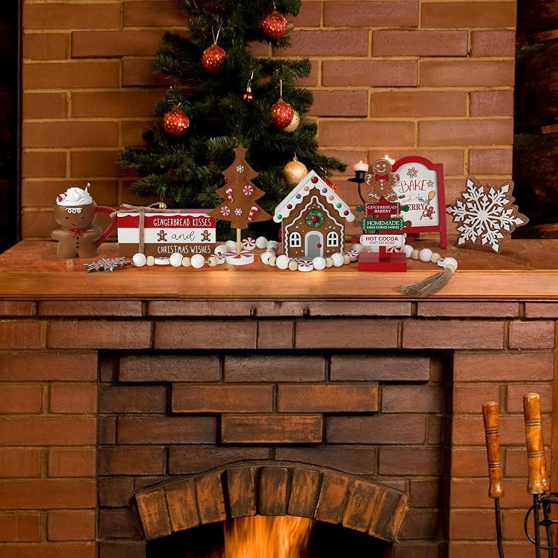 Gingerbread Christmas Decorations 8-Piece Tiered Tray Decor Set - Gingerbread Xmas Variation
