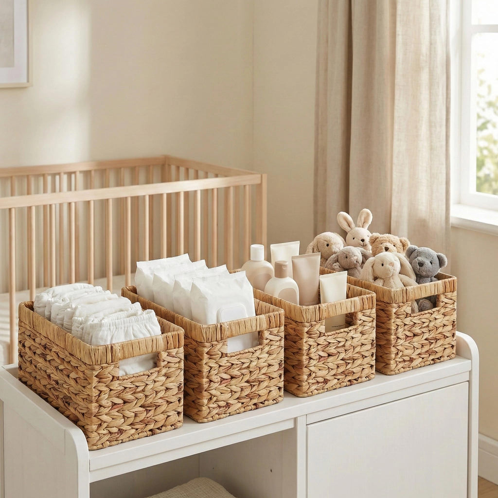 Water Hyacinth Storage Baskets for Shelves, Set of 4 Wicker Pantry Shelf Baskets with Built-In Handles, Woven Organizer Bins for Closet, Bathroom, Kitchen Cabinets, 13 x 8.25 x 7 In