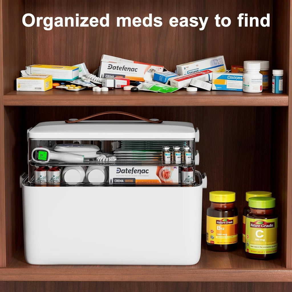 Spreezy 3-Tier Medicine Organizer - Clear Compartment Storage Box with Handle for Pills & Bandages