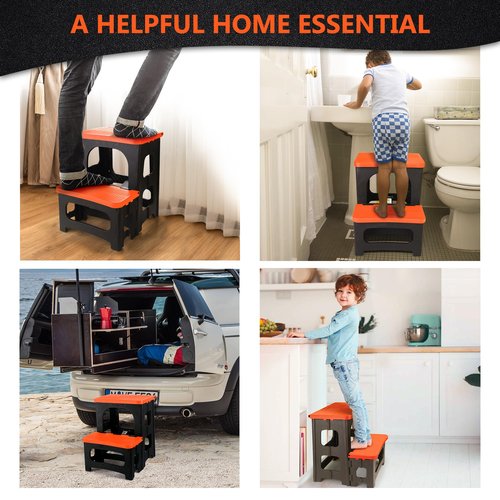 Folding 2-Step Stool, Non-Slip Portable Footstool 8" & 17" Dual Heights, Holds 250 lbs, Portable Footstool for Kitchen Home Toilet Bedroom Office Bathroom RV(Orange)