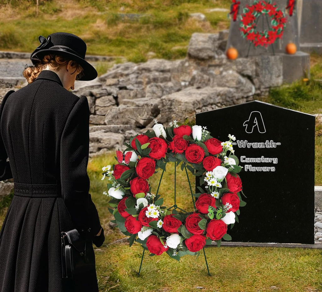 Memorial Day Cemetery Wreaths - Red Peony & White Rose Artificial Flower Arrangement on Metal Stand