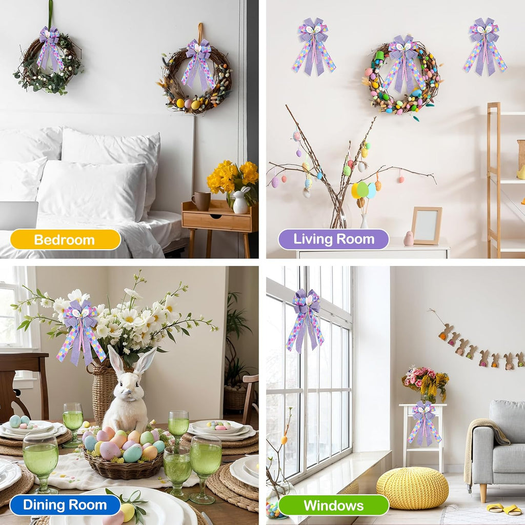 Skiennix Large Purple Spring Bows - 21x11 Inch Bunny Tree Topper Wired Ribbon Decor | 4 Pcs Set
