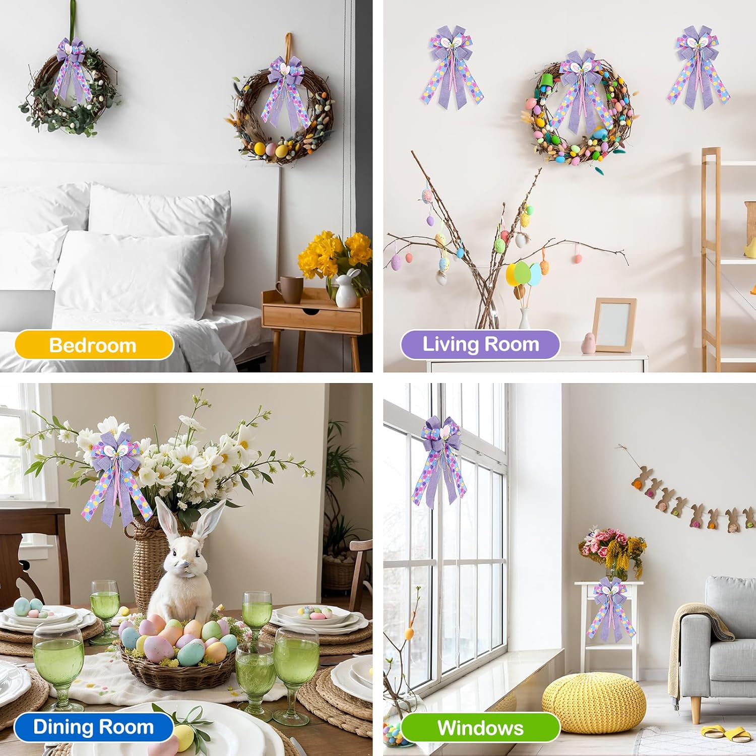 Skiennix Large Purple Spring Bows - 21x11 Inch Bunny Tree Topper Wired Ribbon Decor | 4 Pcs Set