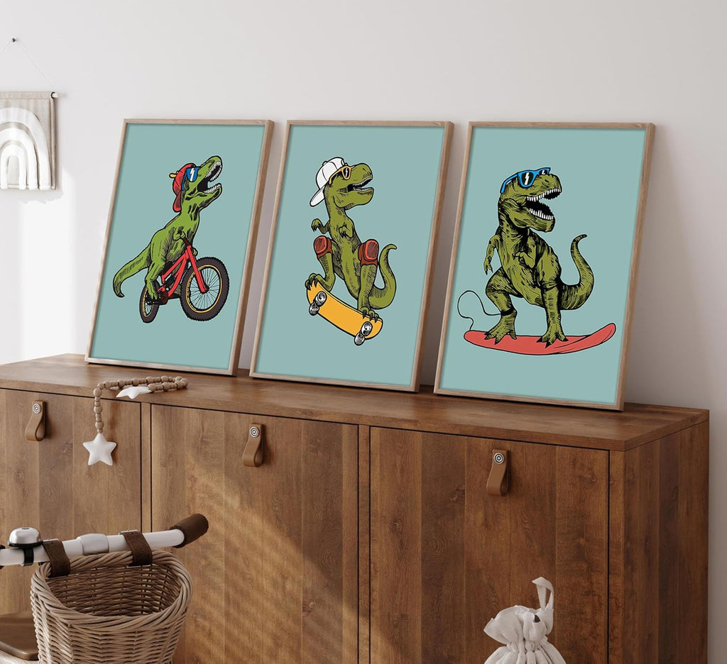 Skiennix 3pc Funny Dinosaur Nursery Canvas Wall Art - Surfing & Skateboarding Design for Boys' Room Decor