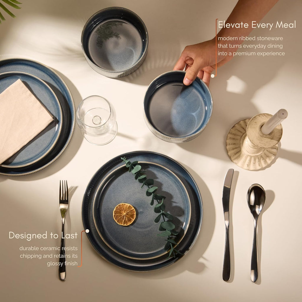 Vase and Vessel Ceramic Dinnerware Set - 12-Piece Service for 4 | Ombre Reactive Glaze, Durable Stoneware, Denim