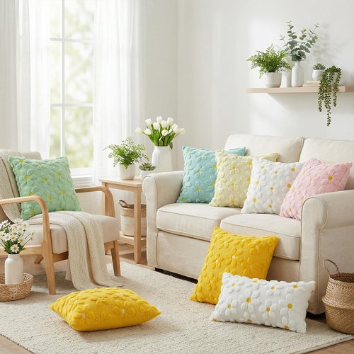 AVOIN colorlife Spring Summer Cream White Daisy Throw Pillow Covers Set of 2, 18 x 18 Inch Seasonal Flora Farmhouse Decor Flower Soft Plush Faux Fur Jacquard Cushion Case for Home Sofa