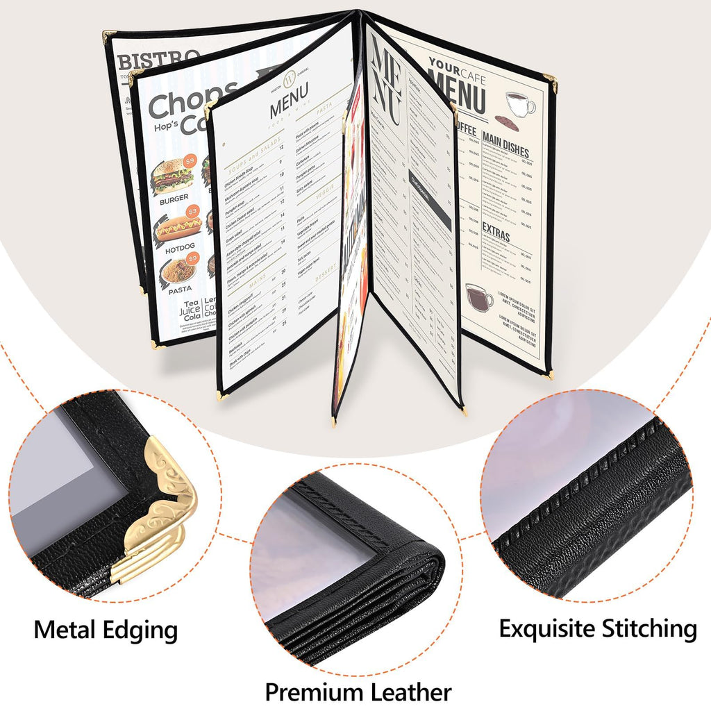 10 Pack Menu Covers 6 Page 12 View, 8.26 x 11.69 Inches Transparent Restaurant Recipe Menu Covers Menu Holder with Leatherette Trim & Metal Corners for Bar Cafe Restaurant