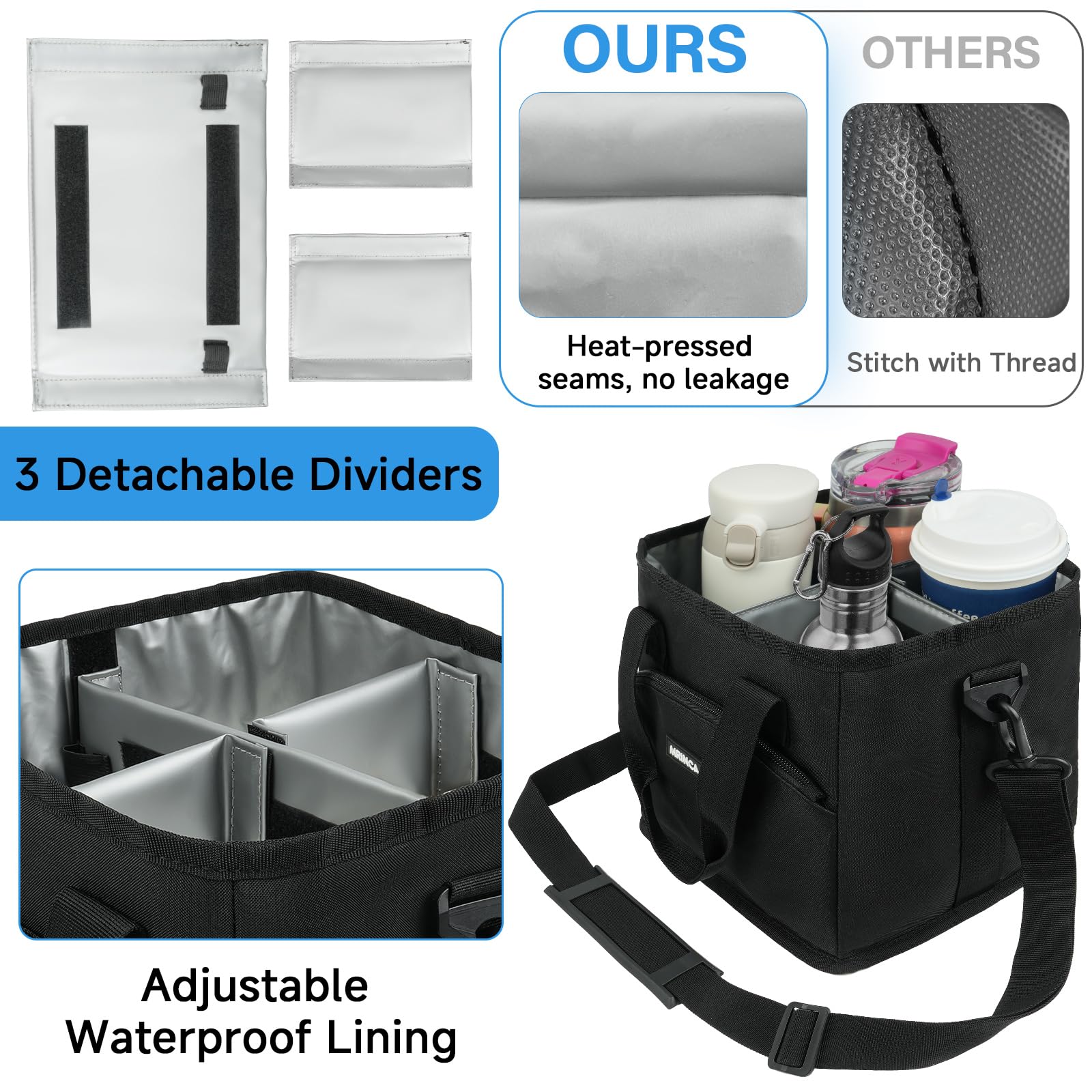 MRINCA Reusable Drink Carrier with Handle – Insulated, Collapsible 4-Cup Beverage Bag with No-Spill Base, Adjustable Dividers & Shoulder Strap, Portable Caddy for Delivery, Car and Travel, Black