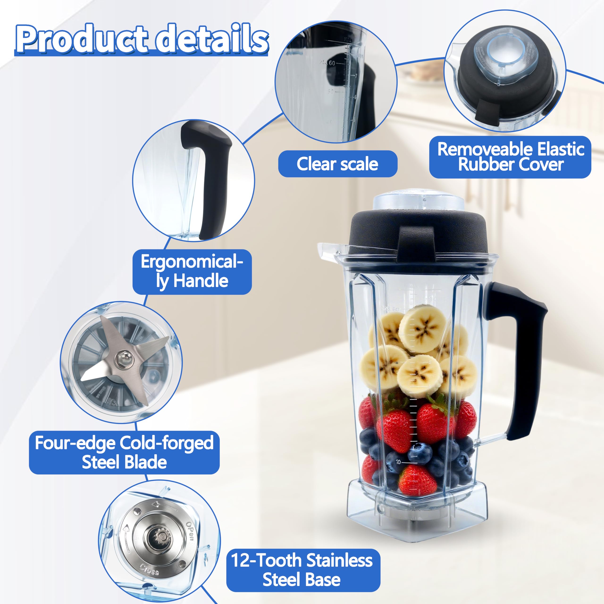 Blender Pitcher 64oz, Replacement for 5200 5000 5500 6300 7500 Pro200 750 VM0101 VM0102 VM0103 E310 320, Classic/Explorian/Commercial series Pitcher Jar Cup 3 year warranty
