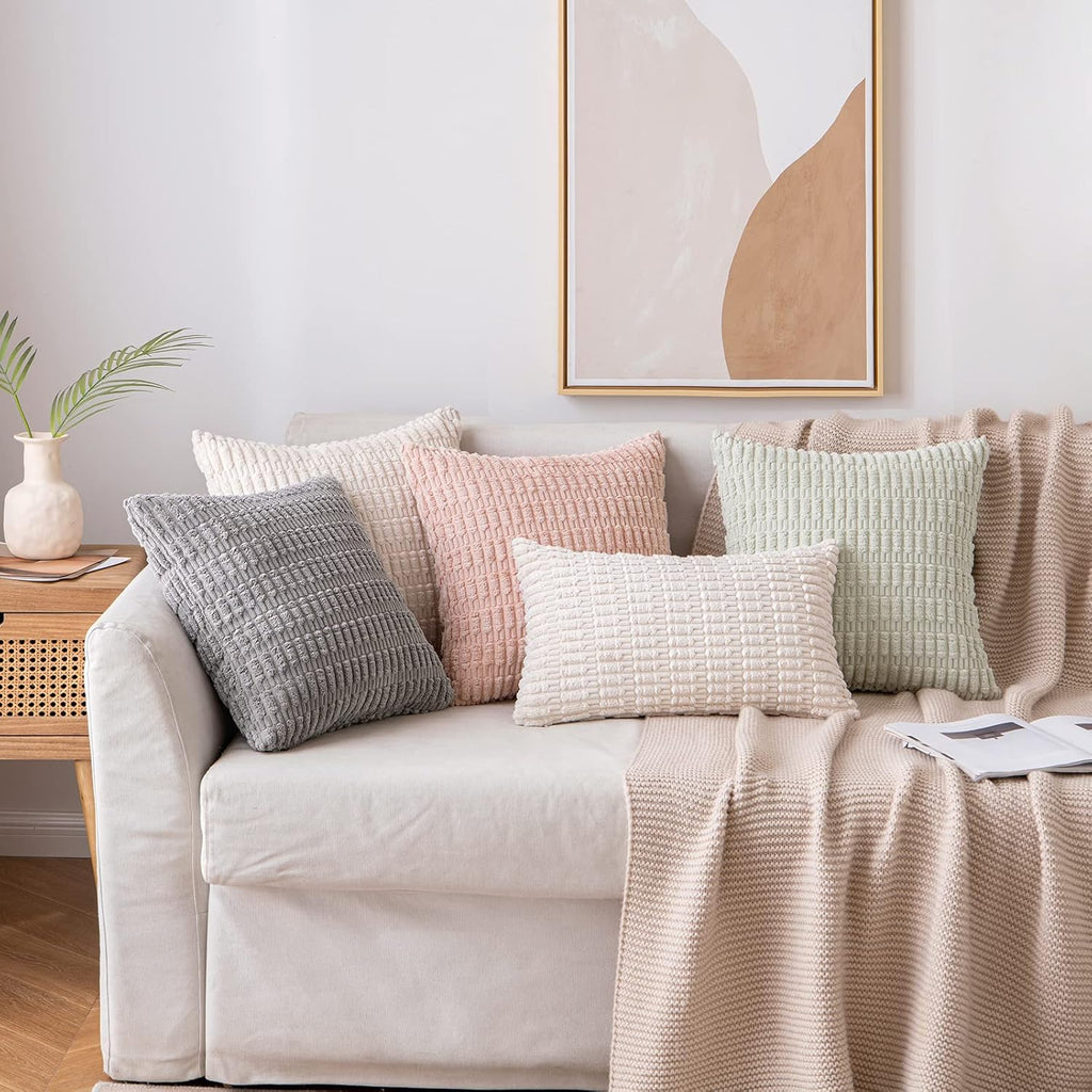 MIULEE Corduroy Throw Pillow Covers - Soft Boho Striped Design, 16x16 Inch, Light Grey | Modern Farmhouse Decor