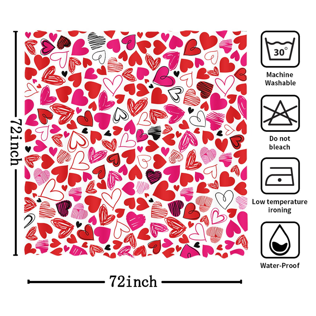 MEHOFOND Valentines Day Shower Curtain Doodle Style Hearts Valentine's Day Shower Curtain for Bathroom Romantic Red Pink Black Love Bathtub Decor Fabric Waterproof Washable Bath Curtain 72x72 Inch