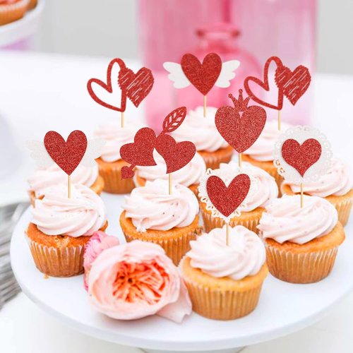 Ercadio Red Heart Cupcake Toppers - Glittery Valentine's Day Picks for Bridal Showers & Engagements | 24 Pack