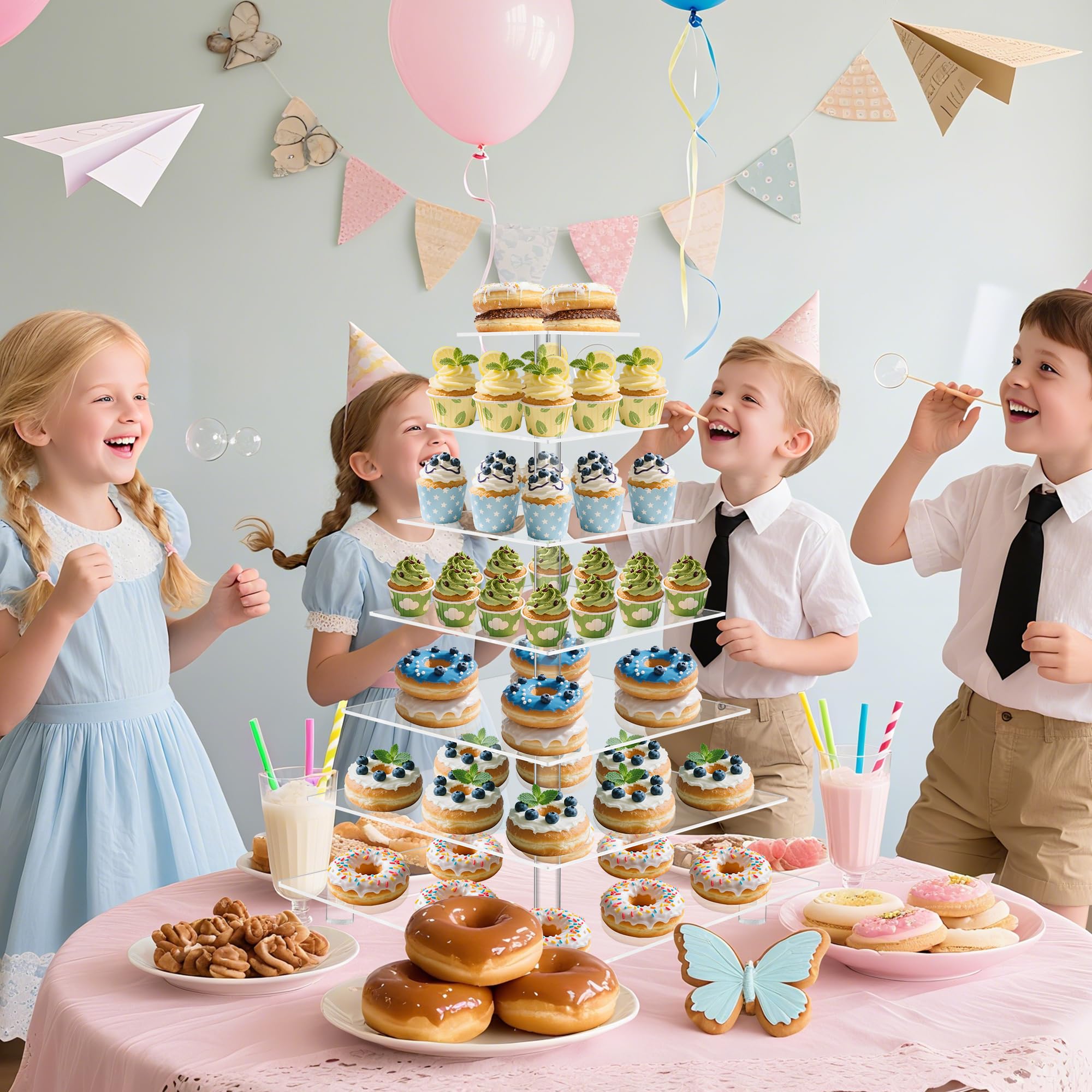 YestBuy 7 Tier Square Acrylic Maypole Cupcake Stand Cupcake Tower Stand, Premium Cupcake Holder, Display for Pastry Wedding Birthday Party