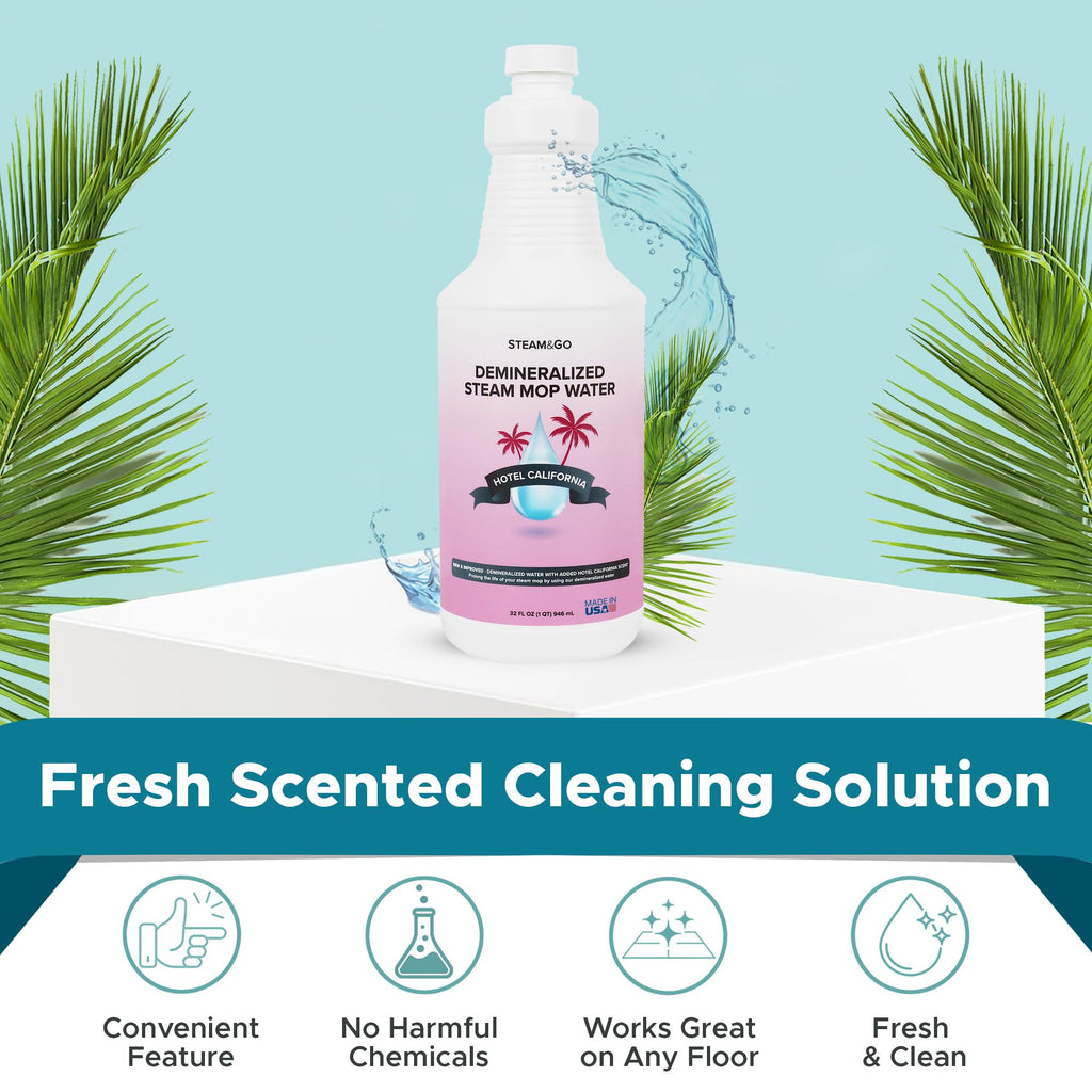 Steam & Go Demineralized Water for Steam Mop – Hotel California Scent, 32 Ounces (Pack of 1) | Scented Floor Cleaner Solution, Ready-to-Use, Compatible with Any Steam Cleaner