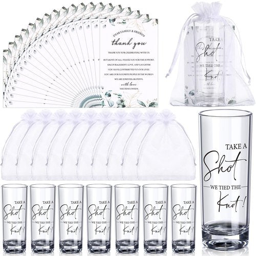 Sliner 50 Set Wedding Favors for Guests Bulk 2oz Acrylic Take a Shot We Tied the Knot Shot Glasses with Thank You Cards Organza Bags for Guest Souvenirs Wedding Gifts Newlyweds Bridal Shower Party