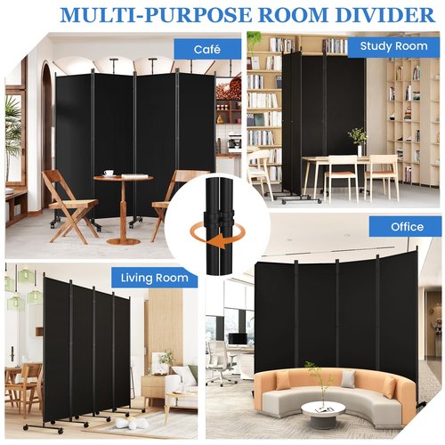 SUNALLY Room Divider 6FT Folding Privacy Screens with Lockable Wheels, 4 Panel Room Partition for Room Separator, 88" W Freestanding Portable Fabric Wall Dividers for Home Dorm Studio Office, Black