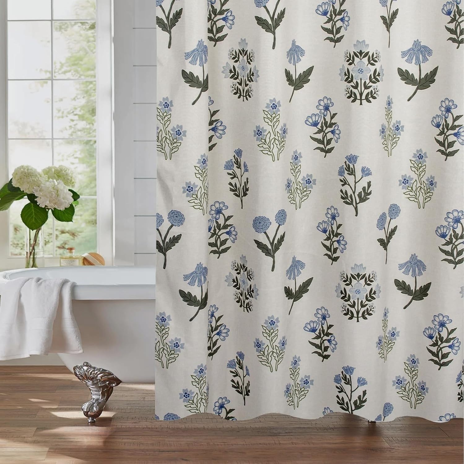 Abstract Vintage Floral Linen Shower Curtain - Neutral Traditional Floral Block Print Pattern in Blue and Green,Botanical Boho Shower Curtain Set for Rustic Farmhouse Frenchy Bathroom Decor 72x72 Inch