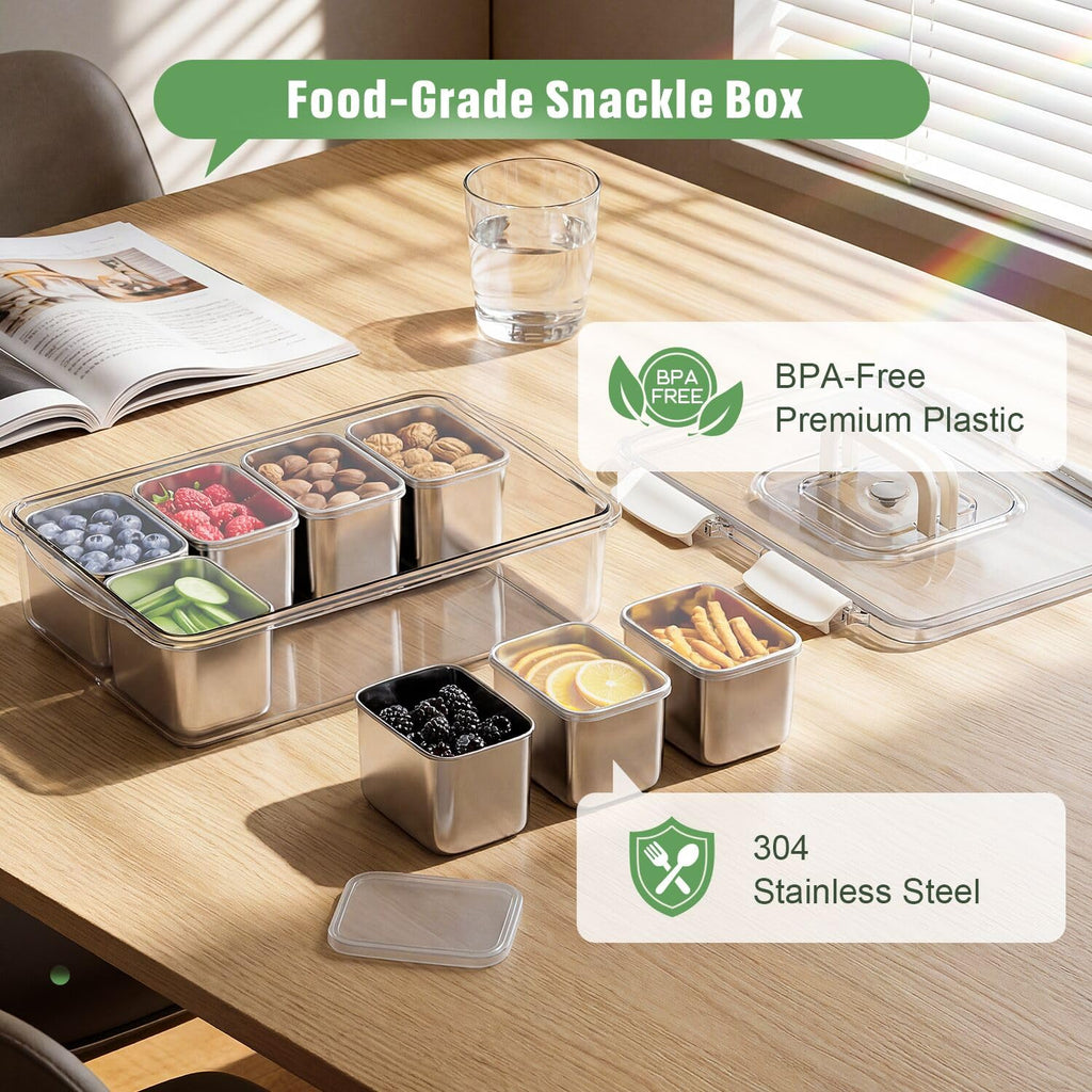 Snackle Box Container, 304 Stainless Steel Divided Serving Tray with Lid and Handle, Portable 4 Compartments Veggie Tray for Fruits,Veggies,Nuts &Candy, Dishwasher Safe for Travel,Picnic,Beach&Parties