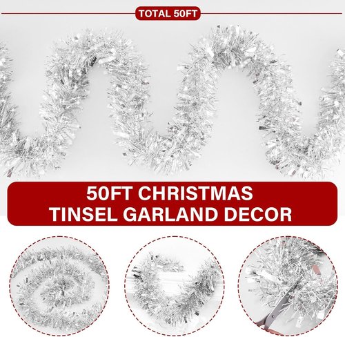 50 Feet Silver Metallic Twist Shiny Garland for Christmas Tree Decorations, Xmas Hanging Decor for Home Mantle Indoor Outdoor Holiday Party Supplies
