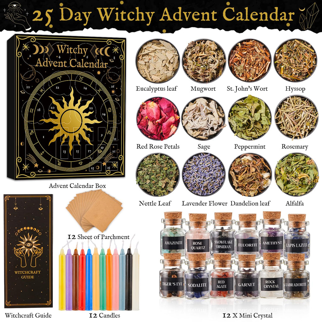 Witchy Advent Calendar 2025 for Adult Teens, 25 Day Christmas Countdown Calendar with Healing Crystal Natural Gemstone and Witchcraft Accessories for Women