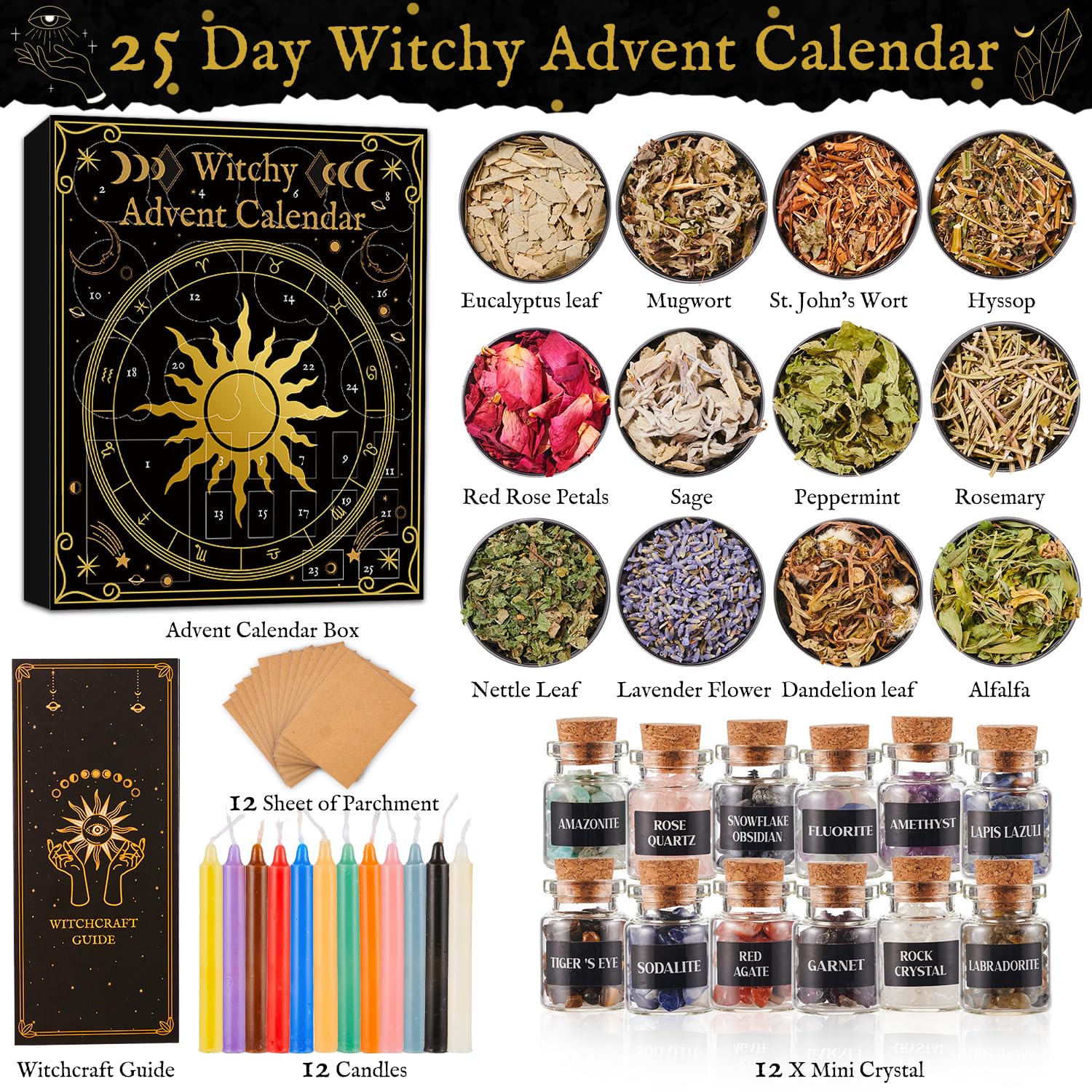 Witchy Advent Calendar 2025 for Adult Teens, 25 Day Christmas Countdown Calendar with Healing Crystal Natural Gemstone and Witchcraft Accessories for Women