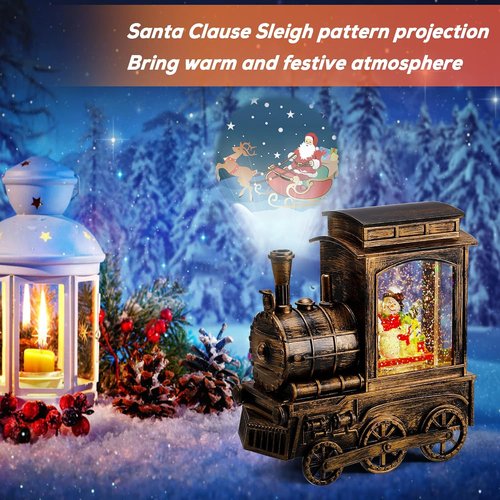 IPOW Christmas Snow Globe Lantern - Santa Sleigh Projection with Water Swirling Glitter | Musical & Lighted USB/Battery Operated Decor