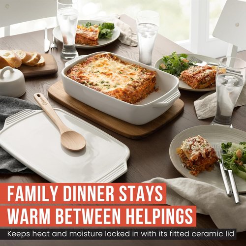 Chef Pomodoro Casserole Dish - 15.5" x 9.3" White Ceramic Baking Dish with Lid | Ideal for Lasagna & Roasting