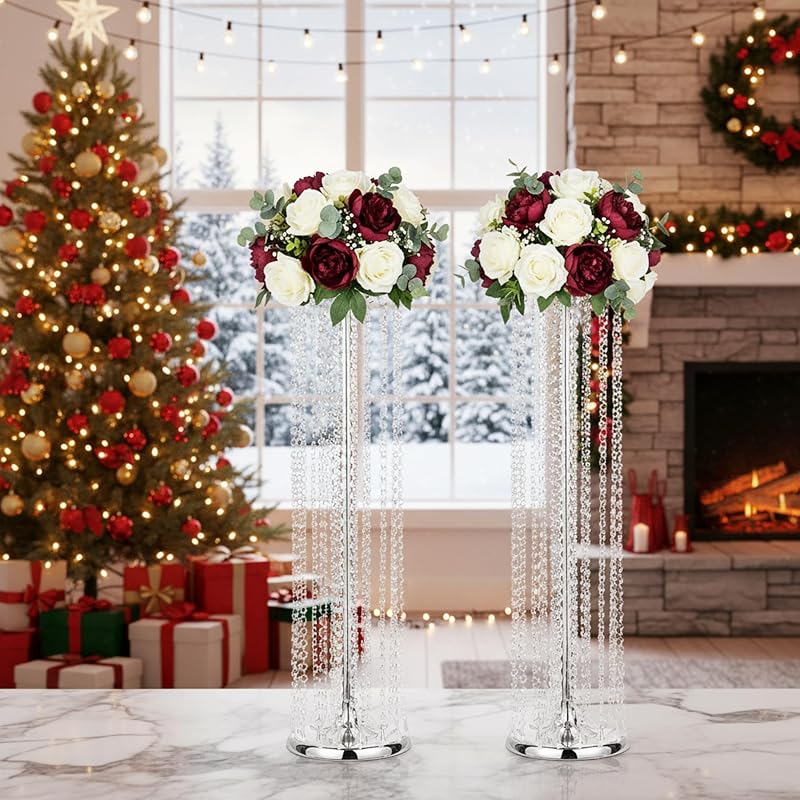 Silver Wedding Centerpiece Vases Set of 10 - 35.4in Tall Metal Acrylic Crystal Stands (Variation: Silver+10 Pc - 35.4inch)